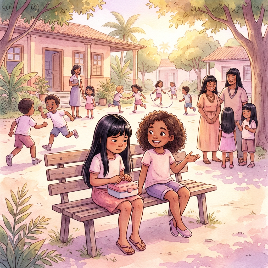 Isabela sentando ao lado de Lorena em um banco no pátio da escola antes de convidá-la para brincar.