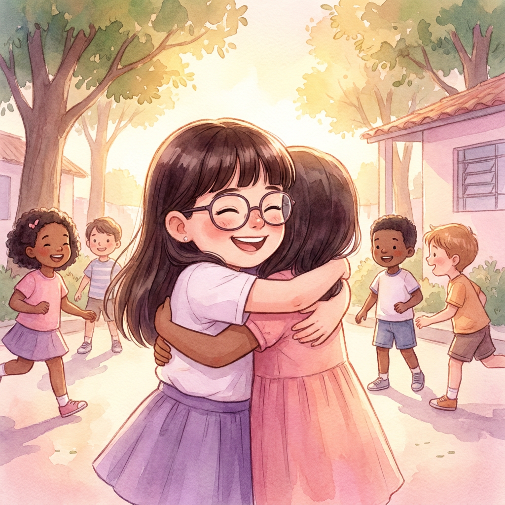 Clara e Sofia se abraçando no pátio da escola depois de fazerem as pazes.