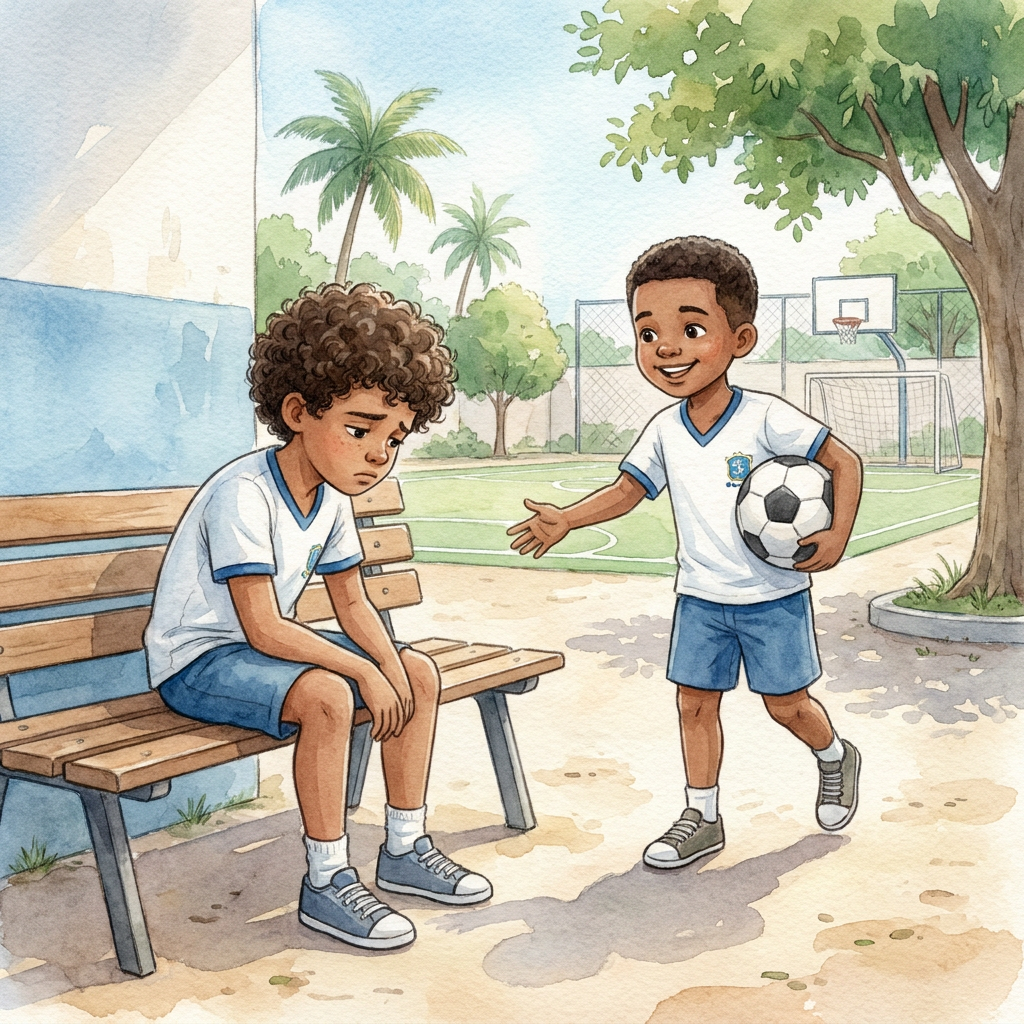 Murilo sentado em um banco observando a quadra de futebol, enquanto outro menino se aproxima para convidá-lo para brincar.